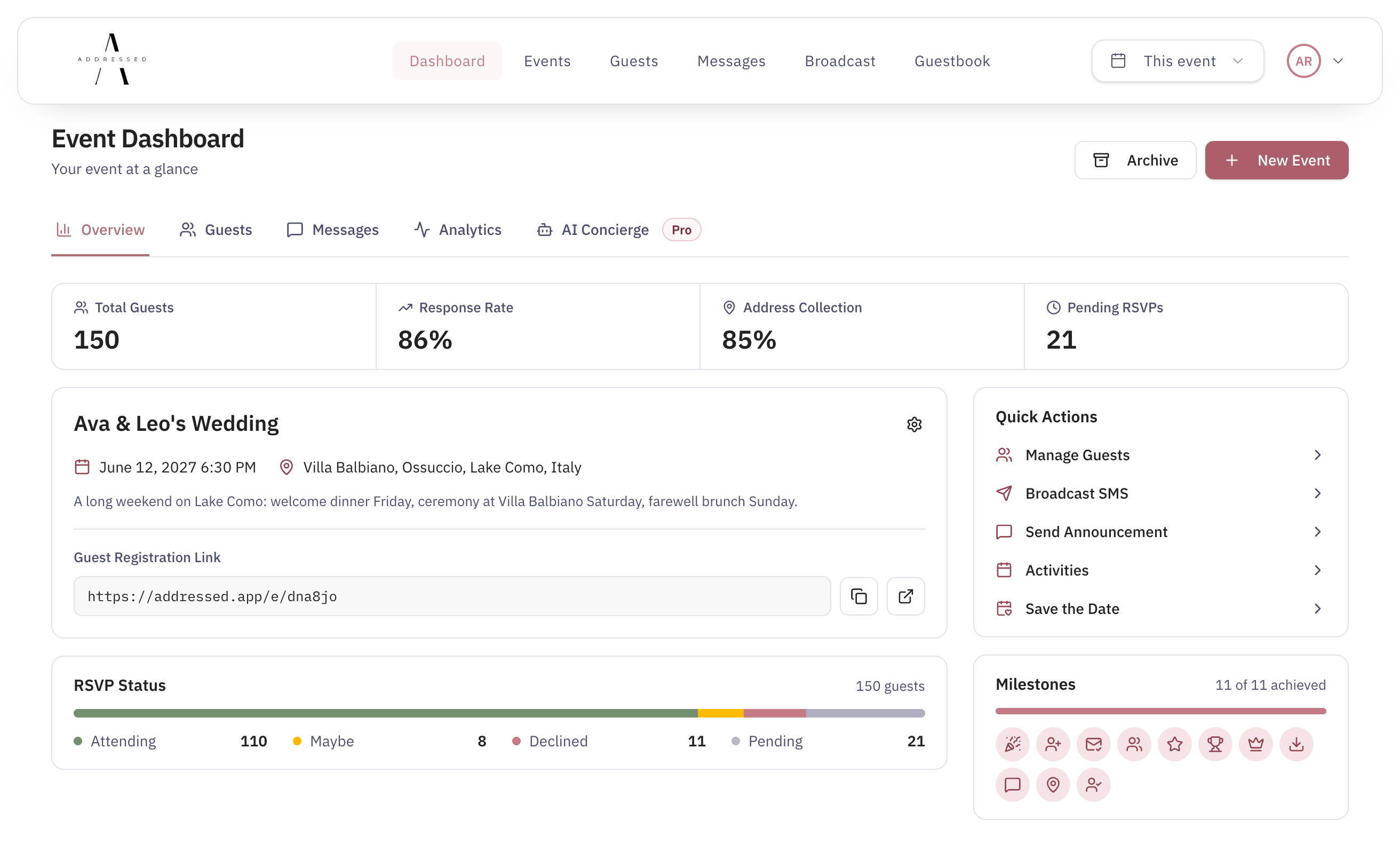 The Addressed event dashboard: guest count, response rate, addresses collected, RSVP breakdown, event details and quick actions on one screen